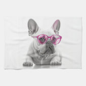 Franse Bulldog met roze glazen teatowel Theedoek (Horizontaal)