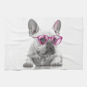 Franse Bulldog met roze glazen teatowel Theedoek