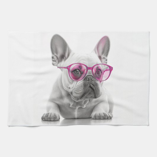 Franse Bulldog met roze glazen teatowel Theedoek (Horizontaal)