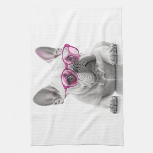 Franse Bulldog met roze glazen teatowel Theedoek (Verticaal)