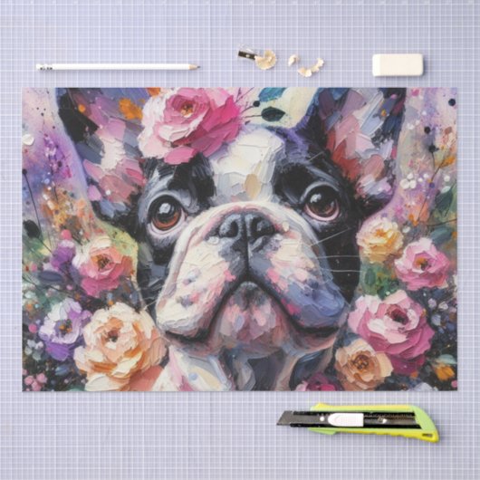 Franse Bulldog met Rozen Floral Decoupage Tissuepapier (Craft)