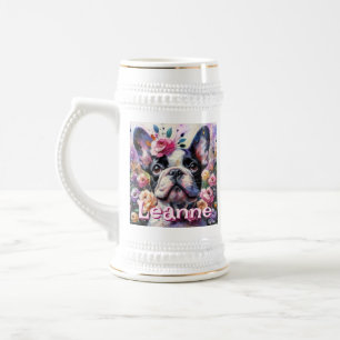 Franse Bulldog met Rozen Floral gepersonaliseerd Bierpul