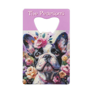 Franse Bulldog met Rozen Floral gepersonaliseerd Creditkaart Flessenopener