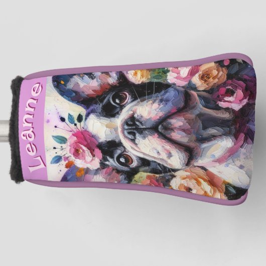 Franse Bulldog met Rozen Floral gepersonaliseerd Golfheadcover (Voorkant)