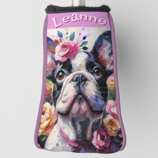 Franse Bulldog met Rozen Floral gepersonaliseerd Golfheadcover (Draai 90)