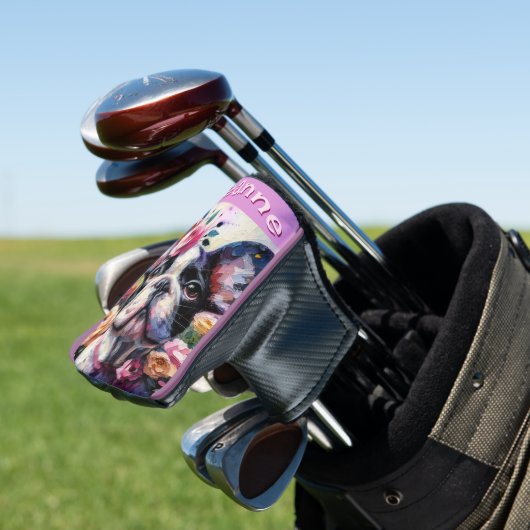 Franse Bulldog met Rozen Floral gepersonaliseerd Golfheadcover (Insitu)