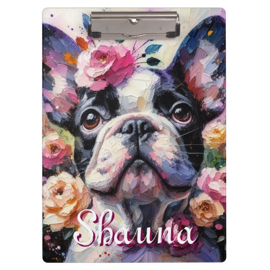 Franse Bulldog met Rozen Floral gepersonaliseerd Klembord (Voorkant)