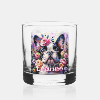 Franse Bulldog met Rozen Floral gepersonaliseerd Whisky Glas