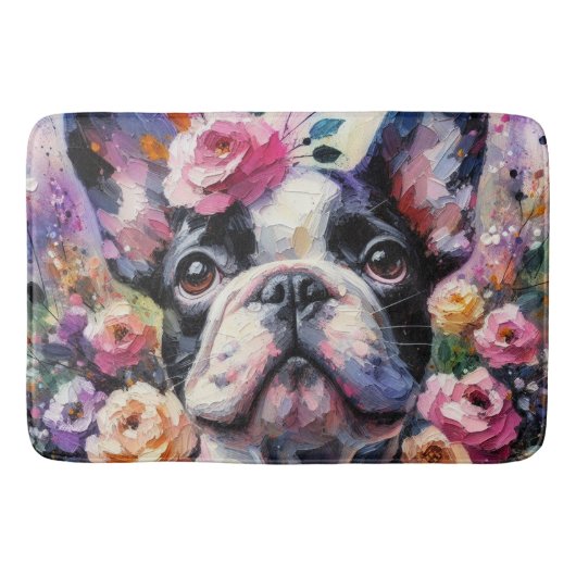 Franse Bulldog met Rozen Impressionistisch schilde Badmat (Voorkant)