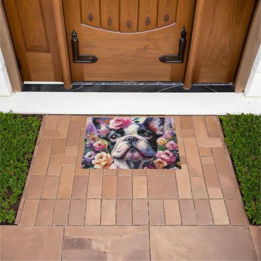 Franse Bulldog met Rozen Impressionistisch schilde Deurmat (Buiten)