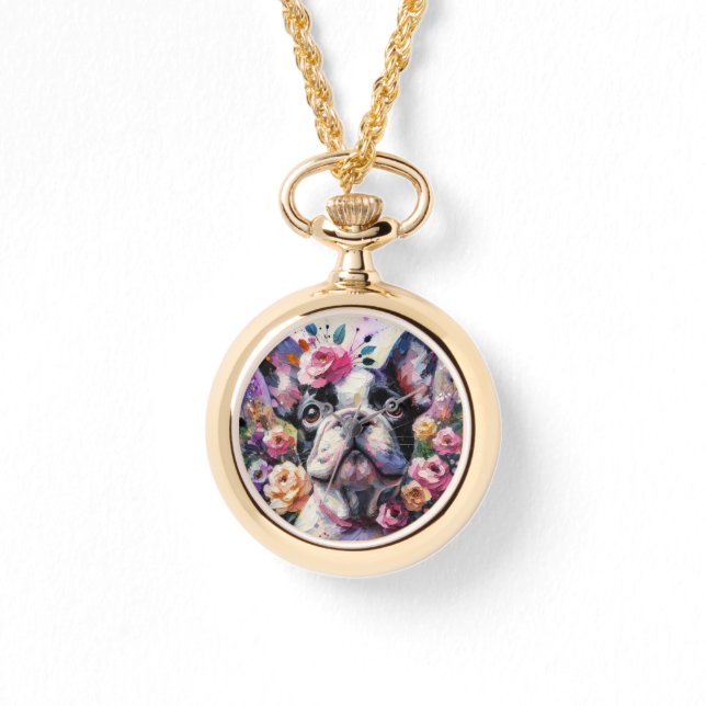 Franse Bulldog met Rozen Impressionistisch schilde Horloge (Voorkant)