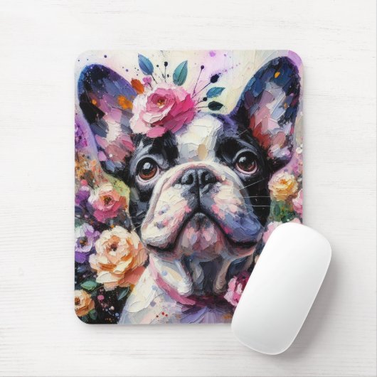 Franse Bulldog met Rozen Impressionistisch schilde Muismat (Met muis)