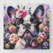 Franse Bulldog met Rozen Impressionistisch schilde Vierkante Klok (Voorkant)