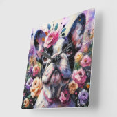 Franse Bulldog met Rozen Impressionistisch schilde Vierkante Klok (Hoek)