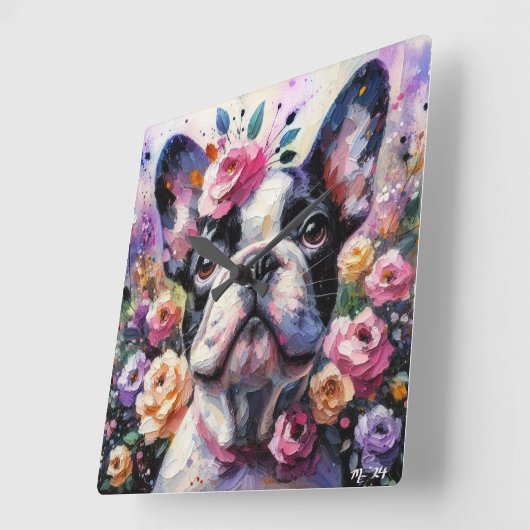 Franse Bulldog met Rozen Impressionistisch schilde Vierkante Klok (Hoek)