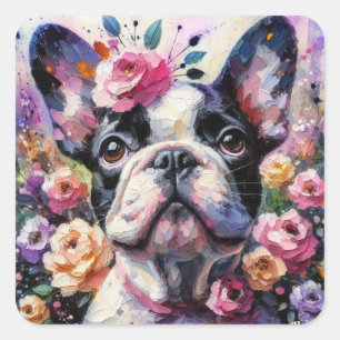 Franse Bulldog met Rozen Impressionistisch schilde Vierkante Sticker