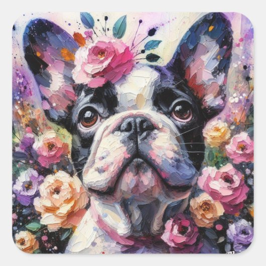 Franse Bulldog met Rozen Impressionistisch schilde Vierkante Sticker (Voorkant)