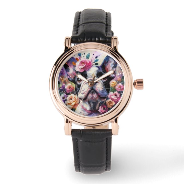 Franse Bulldog met rozen Impressionistische Schild Horloge (Voorkant)