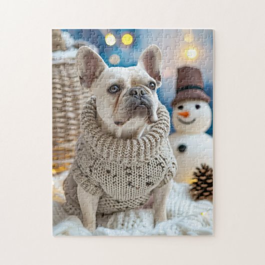 Franse Bulldog met Sneeuwman Kerstmis Legpuzzel (Verticaal)
