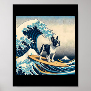 Franse Bulldog Met Surf Die De Grote Golf Rijd Fo Poster