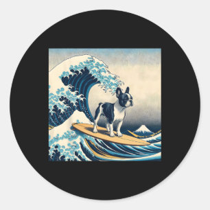 Franse Bulldog Met Surf Surfen De Grote Golf Fo Ronde Sticker