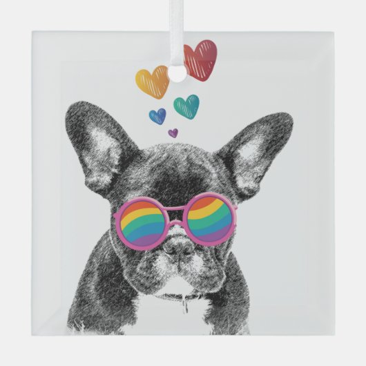 Franse Bulldog met Valentijnsdag harten Glas Ornament (Voorkant)