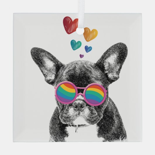 Franse Bulldog met Valentijnsdag harten Glas Ornament (Achterkant)