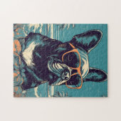 Franse Bulldog met zonnebril op een tropisch stran Legpuzzel (Horizontaal)