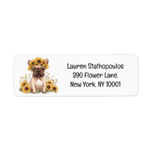 Franse Bulldog omringd door zonnebloemen Etiket