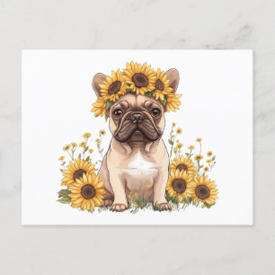 Franse Bulldog omringd door zonnebloemen Feestdagenkaart
