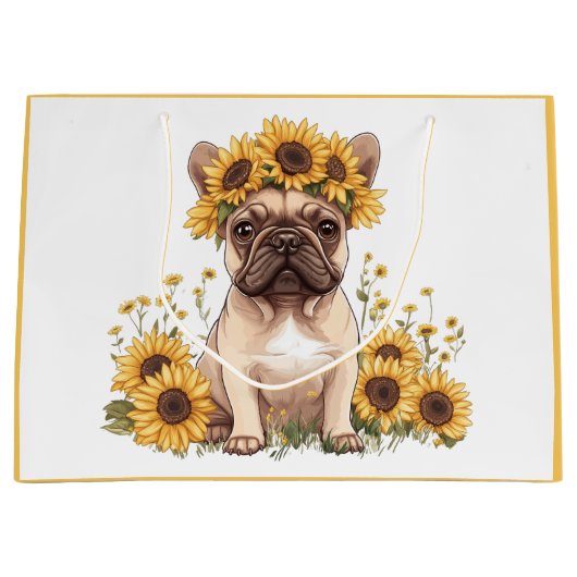 Franse Bulldog omringd door zonnebloemen Groot Cadeauzakje (Voorkant)