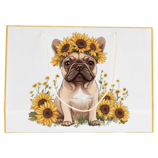 Franse Bulldog omringd door zonnebloemen Groot Cadeauzakje (Achterkant)