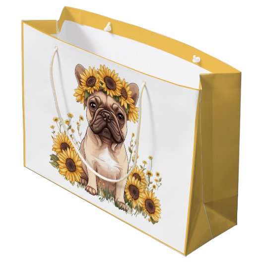 Franse Bulldog omringd door zonnebloemen Groot Cadeauzakje (Achterkant Gekanteld)