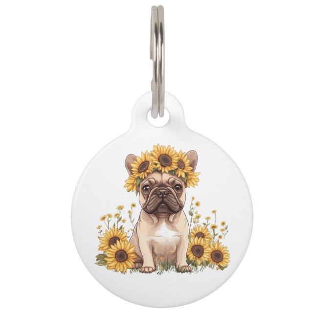 Franse Bulldog Omringd Door Zonnebloemen Huisdierpenning (Voorkant)