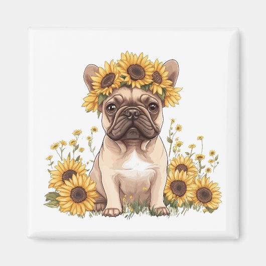 Franse Bulldog omringd door zonnebloemen Magneet (Voorkant)