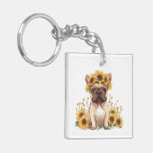 Franse Bulldog omringd door zonnebloemen Sleutelhanger (Voorkant Links)