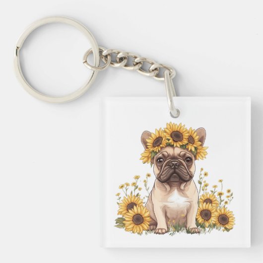 Franse Bulldog omringd door zonnebloemen Sleutelhanger (Voorkant)