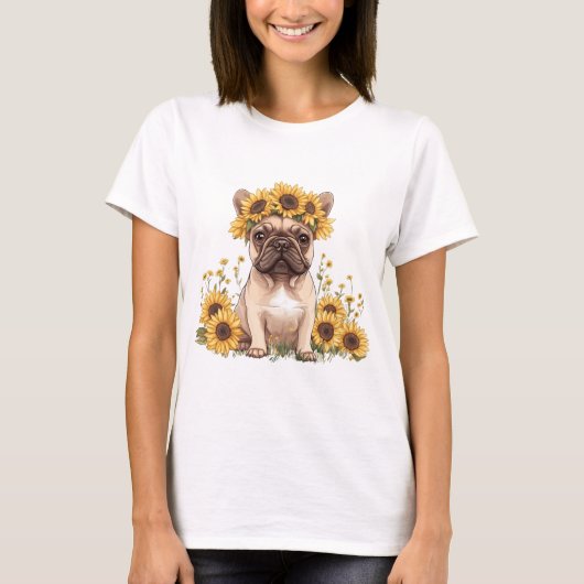 Franse Bulldog omringd door zonnebloemen T-shirt (Voorkant)