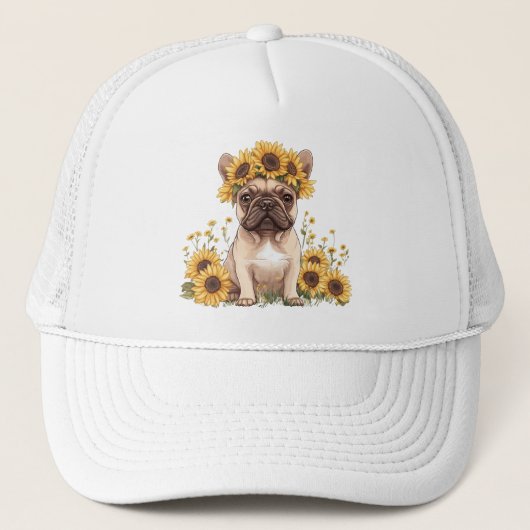 Franse Bulldog omringd door zonnebloemen Trucker Pet (Voorkant)