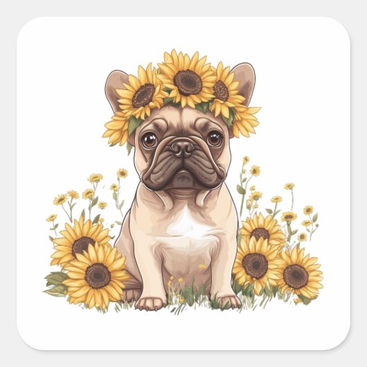 Franse Bulldog omringd door zonnebloemen Vierkante Sticker (Voorkant)