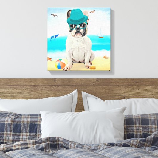Franse Bulldog op Beach Canvas Afdruk (Insitu (Slaapkamer))