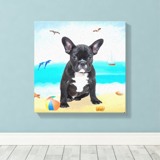 Franse Bulldog op Beach Canvas Afdruk (Insitu (Houten vloer))