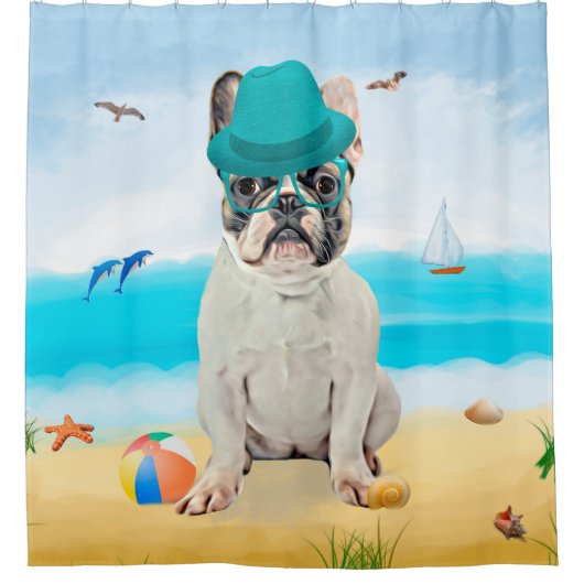 Franse Bulldog op Beach Douchegordijn (Voorkant)
