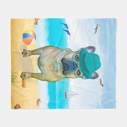 Franse Bulldog op Beach Fleece Deken (Voorkant (Horizontaal))
