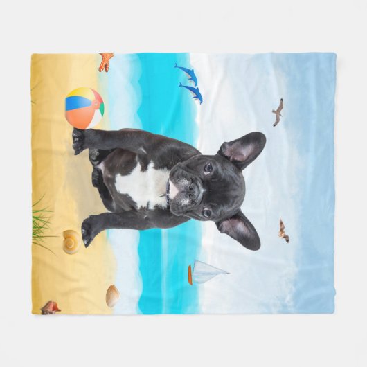 Franse Bulldog op Beach Fleece Deken (Voorkant (Horizontaal))