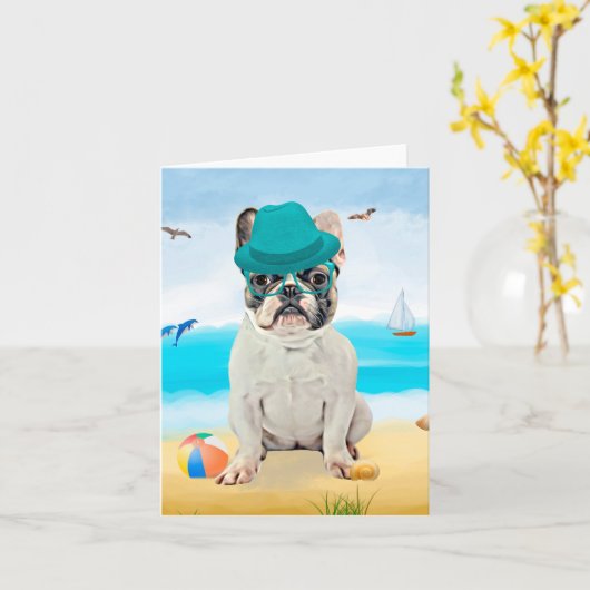 Franse Bulldog op Beach Kaart (Gele Bloem)