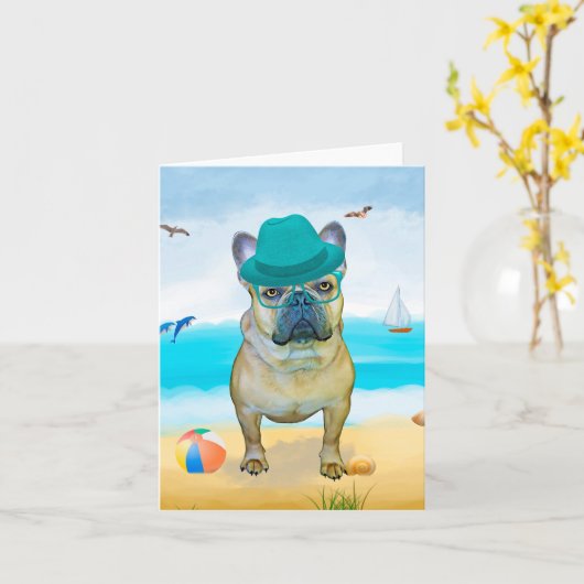 Franse Bulldog op Beach Kaart (Gele Bloem)