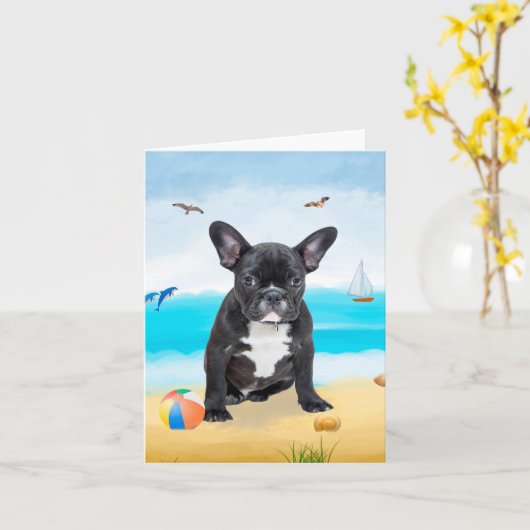 Franse Bulldog op Beach Kaart (Gele Bloem)