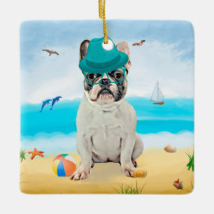 Franse Bulldog op Beach Keramisch Ornament