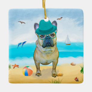 Franse Bulldog op Beach Keramisch Ornament